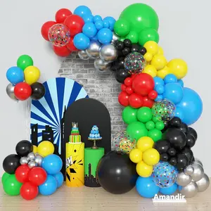 153pcs Red Blue Yellow Green Black Balloon Arch Kit, Different Sizes 18 12 10 5inch Metallic Silver Star Confetti Colorful Balloons for Birthday Carnival Video Themed Party Decorations