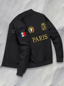 Men's French Theme Pilot Jacket, Paris Print, French Flag & Eiffel Tower Design, Vibrant Zipper Casual Outerwear, Polyester, Coats