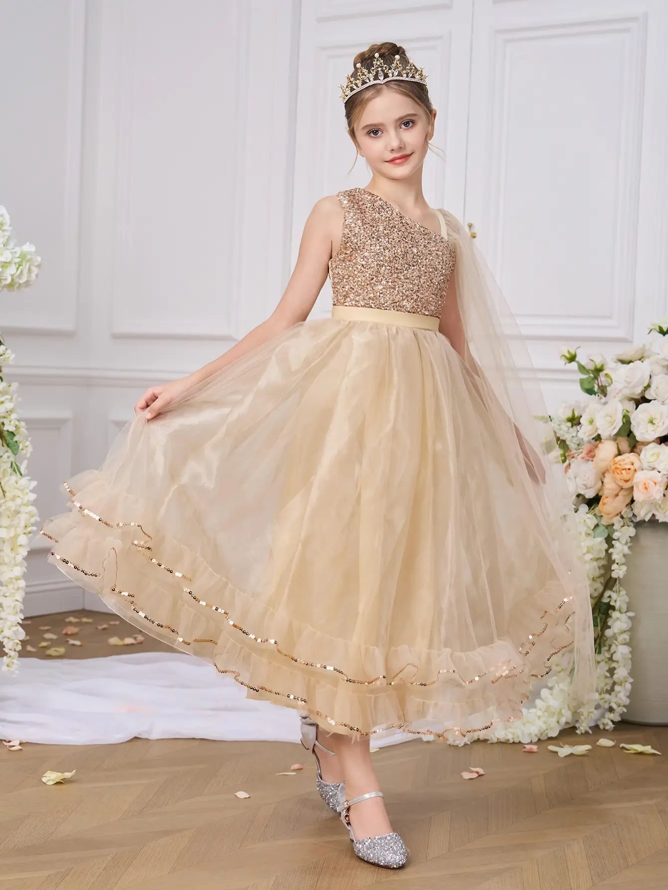 0060 Tween Girls Elegant Gold Sequin Wedding Party Princess Maxi Dress  Puffy Bridesmaid Prom Evening Birthday Host Flower Girl Formal Gown -  TikTok Shop