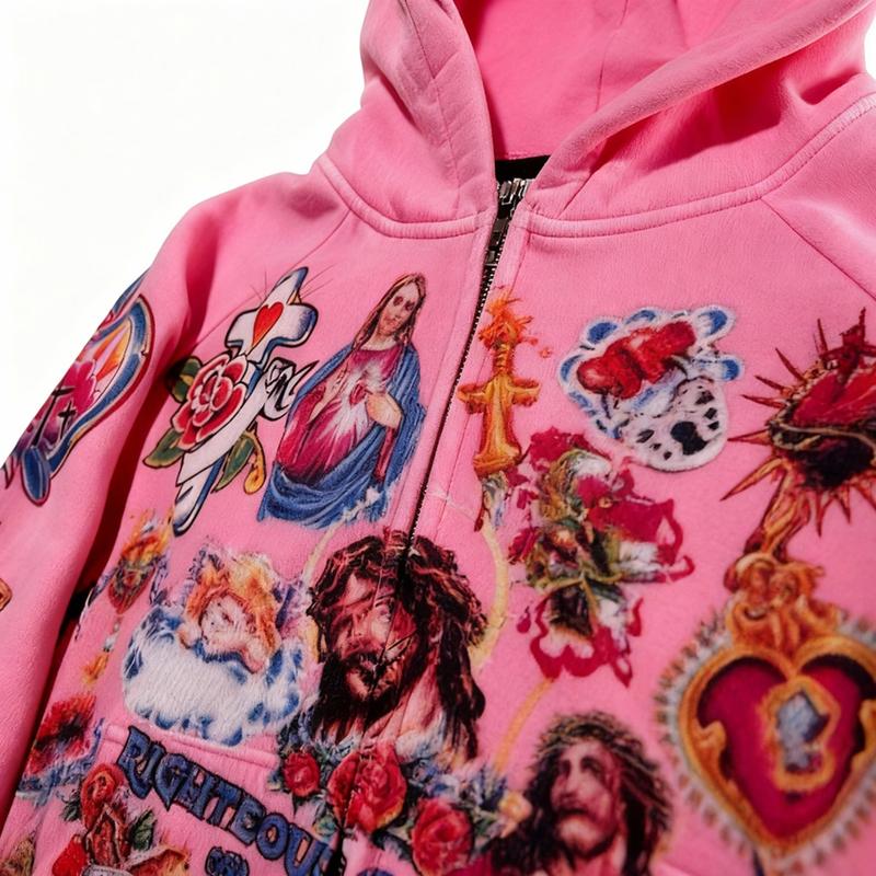 Y2K Religious Tattoo Pattern Zip-Up Hoodie - Cropped Street Style Pullover Sweatshirt, Artistic Print, Casual Loose Fit, Jesus Faith Jacket, Unisex