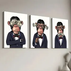 2D plane, 2D plane 3-piece framed canvas painting set, 3-piece modern aesthetic fashion monkey gentleman wall art canvas, Halloween and Christmas atmosphere, perfect for decorating the living room, bedroom, kitchen, office, ideal holiday gift, matches Hal