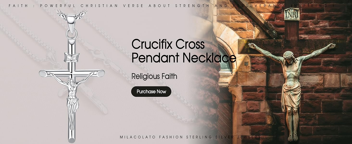 925 Sterling Silver Crucifix Necklace for Men Women, 2mm Sterling Silver Rolo Chain with Small or Large Crucifix Pendant, Jesus Crucifix Cross Necklace 16-24 Inches Christian Religious Jewelry Gifts