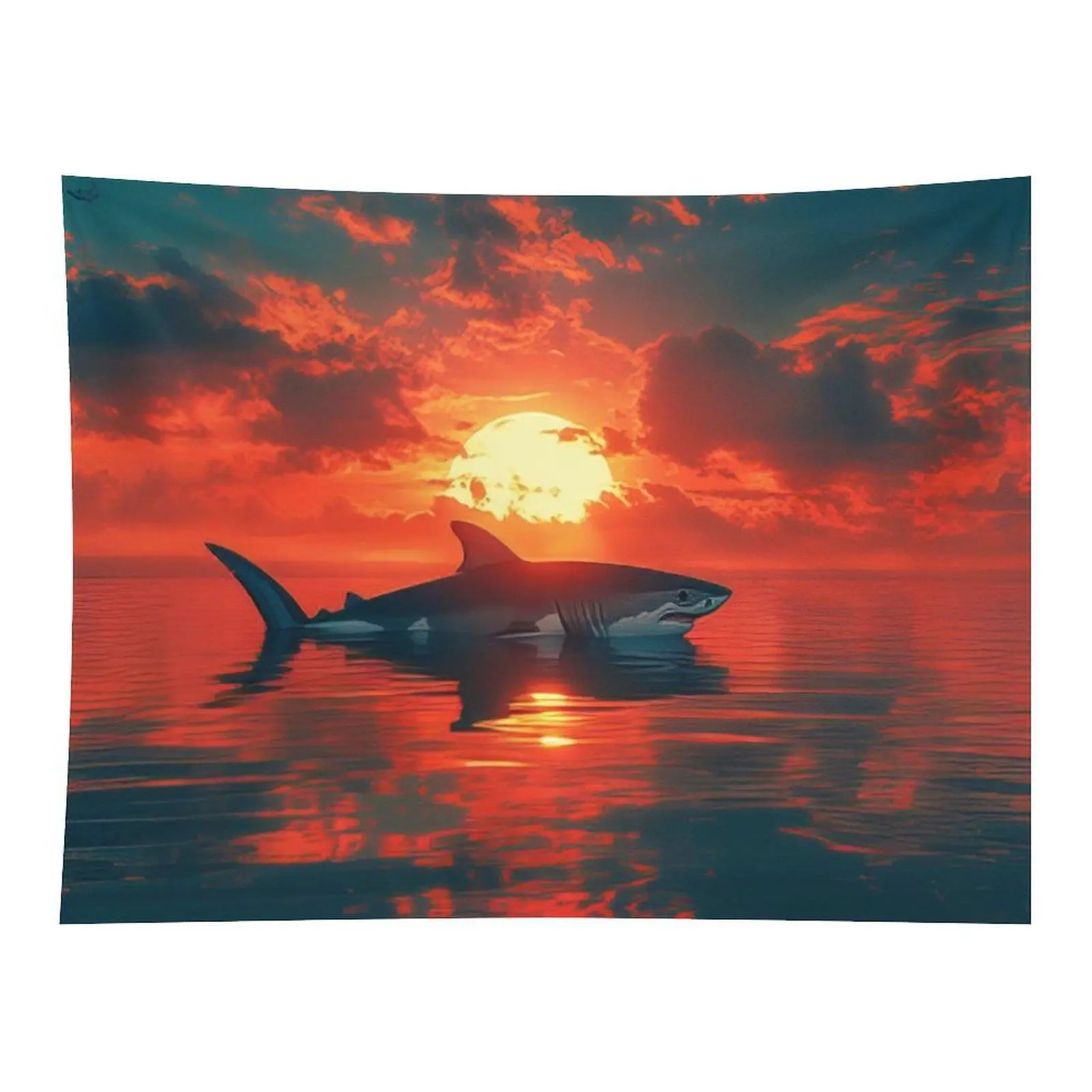 Majestic Great White Shark Swimming On Ocean Surface Under Dramatic Red Sunset Sky For Modern Home Wall Decor Tapestry