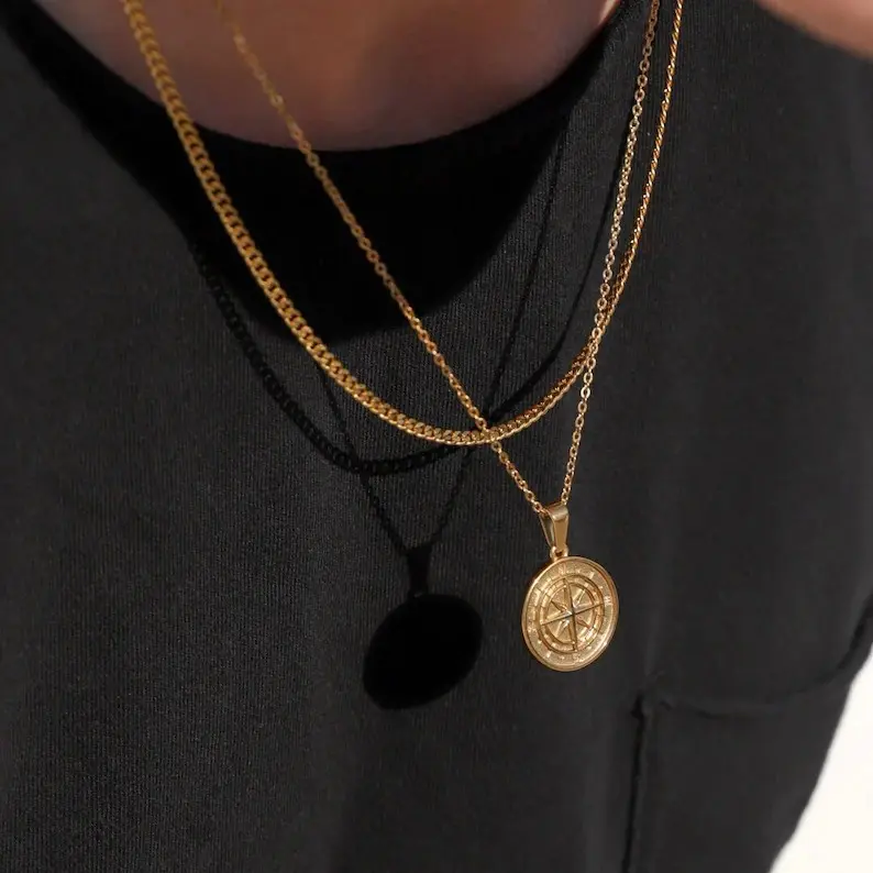 2PCS Layered Cuban Chain with Compass Necklace Accessories for Women Men Retro Compass Titanium Steel Lock Chain
