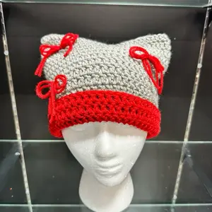 Crochet Cat Ear Beanie C - Gray with Red Trim and Bow Detailing.