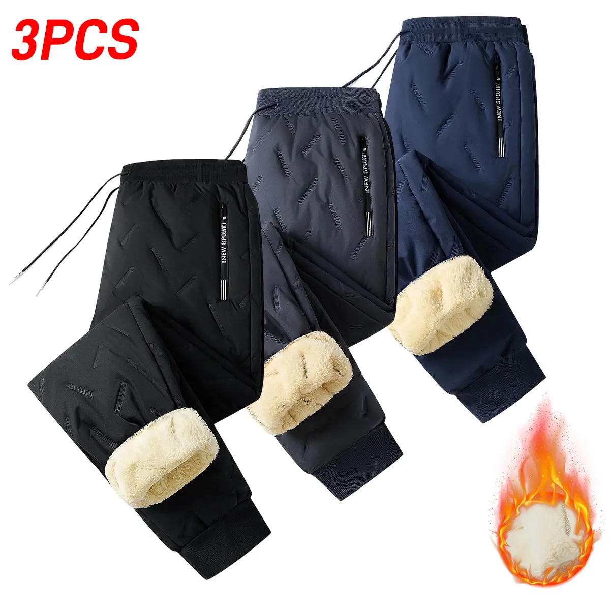 JOGWAVE Men’s 3PCS Heavyweight Polyester Fleece-Lined Warm Athletic Joggers, Loose Straight-Leg Cuffed Hems Pants for Street Style, Autumn-Winter Everyday Essential, Loose Fit