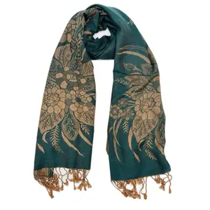 Forrest Green Cashmere Pashmina with Stunning  Beautiful Gold Flower