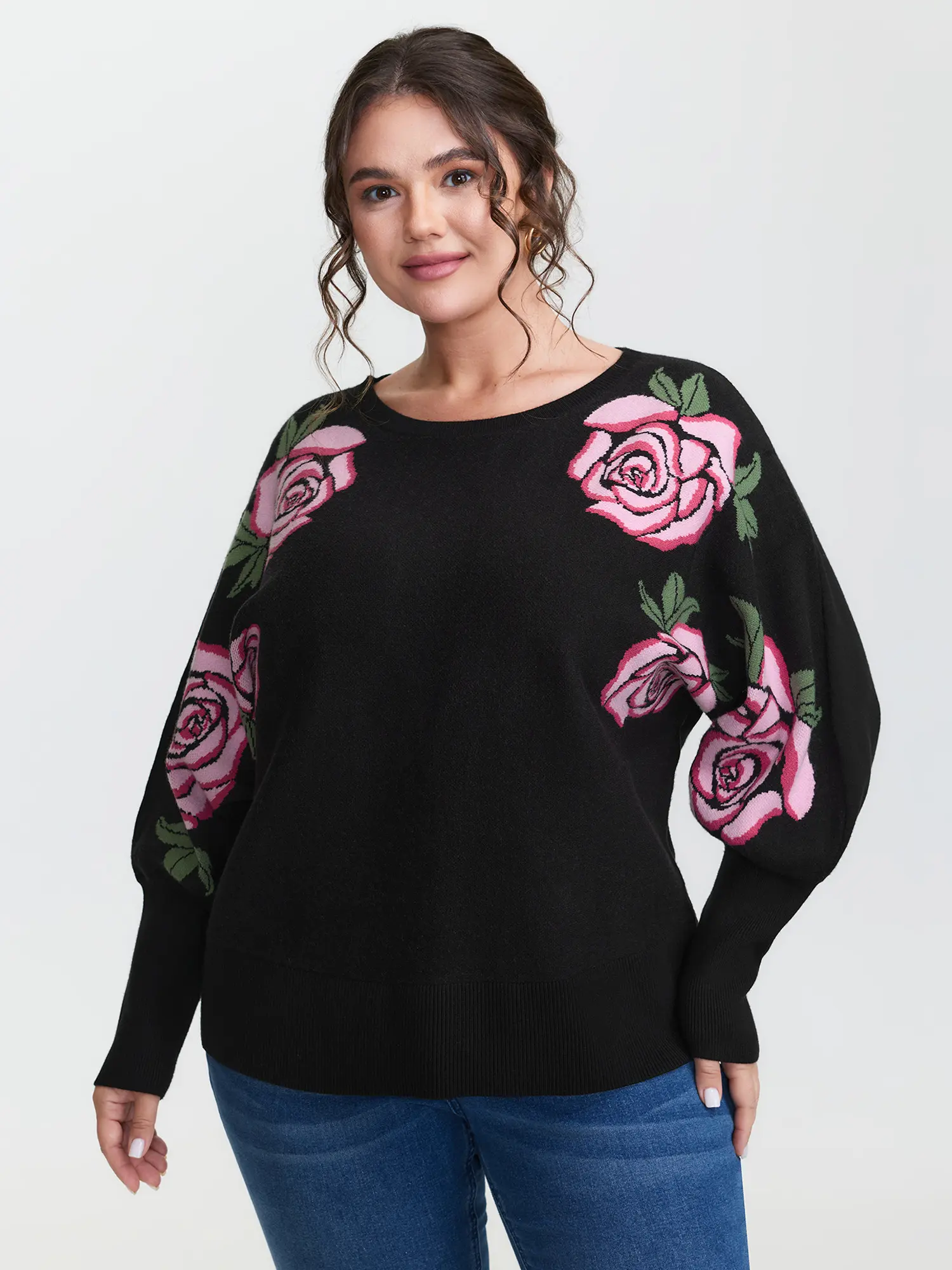 BloomChic Tops Floral Embroidered Knit Pullover, Casual Comfy Boat Neck Dolman Sleeve, Supersoft Loose Fit Garment