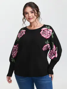 【 Ship collar】 Bloomchic Supersoft Floral Batwing Sleeve Pullover Fit Womenswear Hoodie Tops Loose Black Casual Sweatshirts Graphic Crewneck Sweater