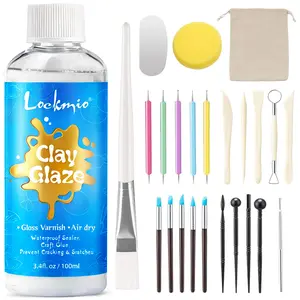 100ml Air Dry Clay Glaze with 24PCS Clay Tools Kit,Gloss Varnish & Craft Glue, Air Dry & Waterproof Sealer Kit – Prevent Cracking & Scratches, for Clay Stippling, Carving, and Sculpting Crafts (Gloss Finish) valentine's gift