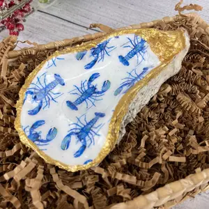 Blue Lobster Oyster Shell Ring Dish with Gold Accents and Glossy Epoxy Finish