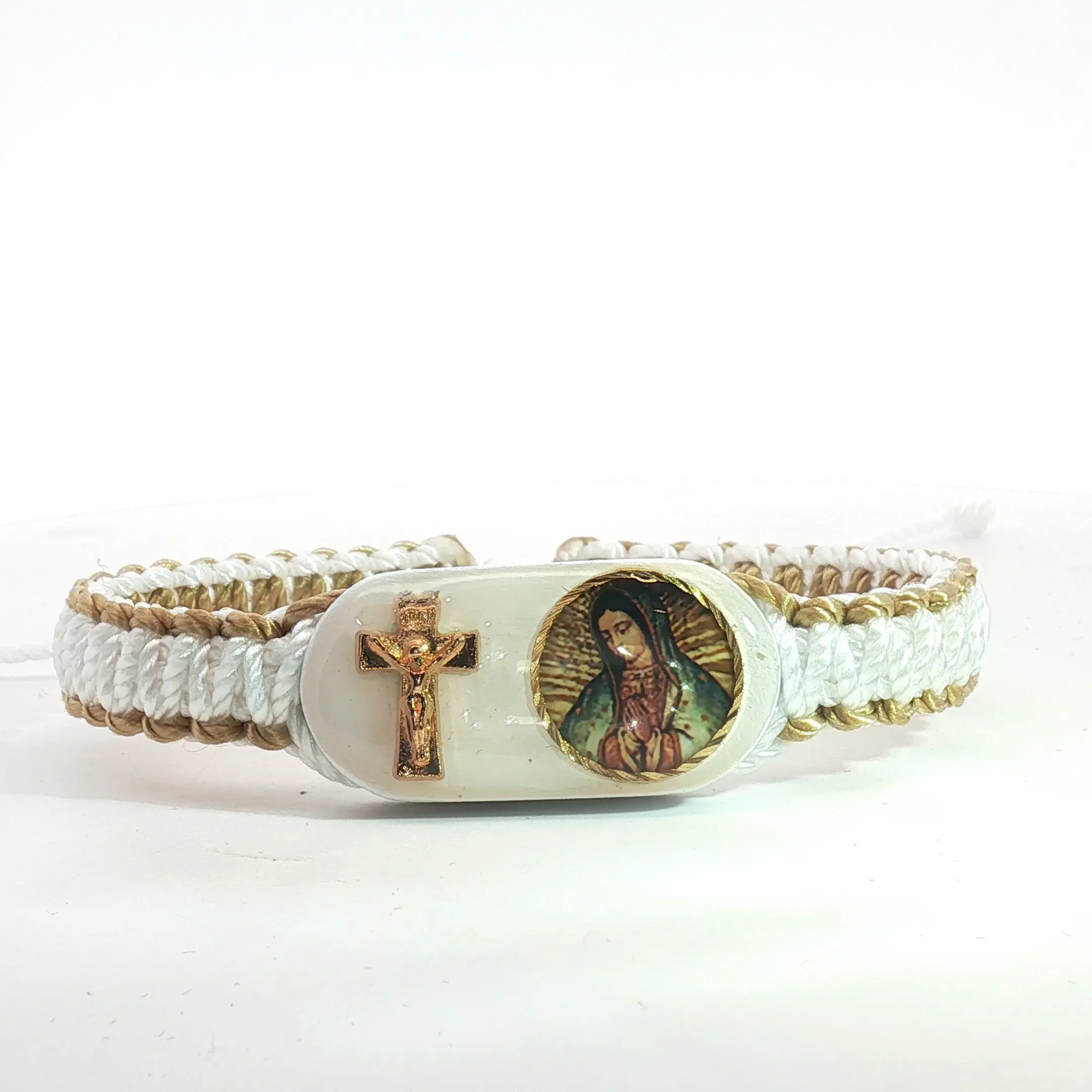 Our Lady of Guadalupe Cross White Tan Bracelet