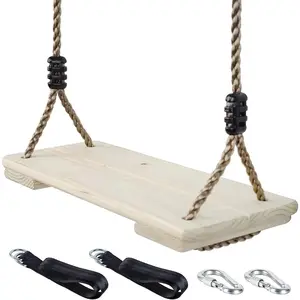 Nostalgic Height Adjustable Raw Wooden Swing Seat for Kids, Outdoor Wood Swing with Tree Straps Set Accessories for Backyard Patio Garden Playground