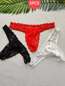 3PCS Men's Sexy Thong Panties, Lace Thong Underwear, Elastic Waist Underwear, Semi-Transparent Inner Wear, Comfortable, Breathable and Stylish, Geometric