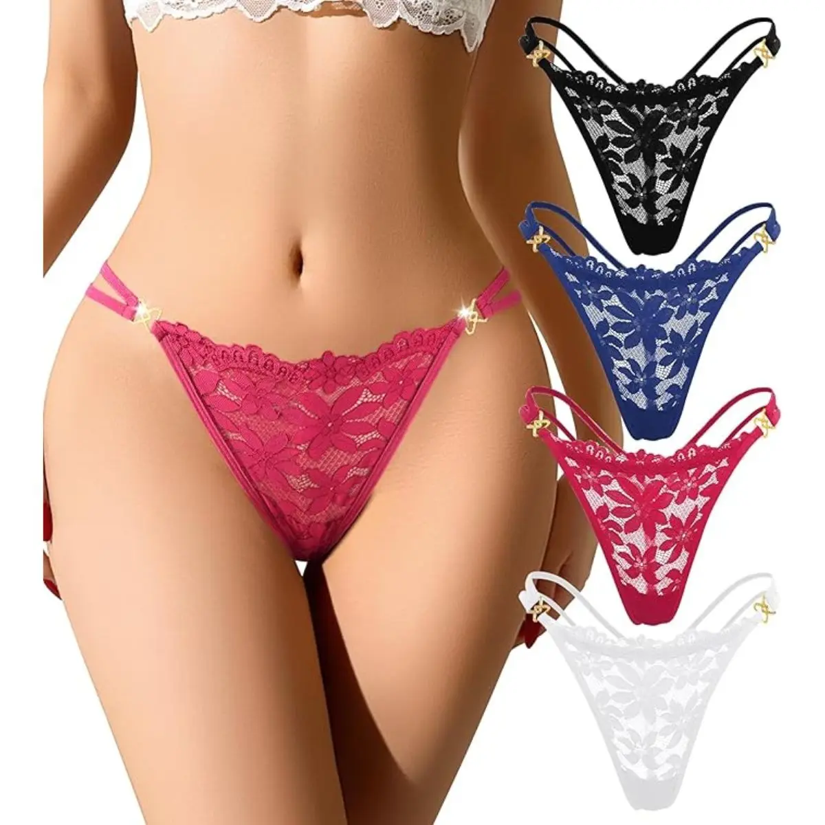 4 Pack Women’s Lace G-String Thongs – Sexy Low Rise T-Back No Show Panties