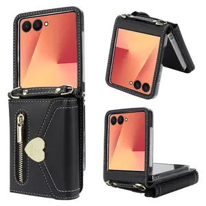 Litchi Pattern Love Card Clip Phone Case for Z Flip 7/6/5/4/3, Fashion Simple Full Body Protection with Shoulder Strap, Accessories, Casing