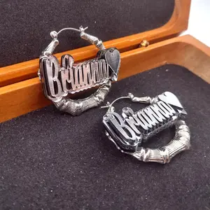 Personalized Silver Bamboo Hoop Earrings with Custom Name and Heart – Statement Jewelry, Nameplate Earrings, Trendy Gift for Women & Girls
