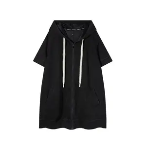 Flooo Trendy Women's Long Hooded Coat - Black with White Drawstrings and Pockets Casual wear Womenswear Everyday