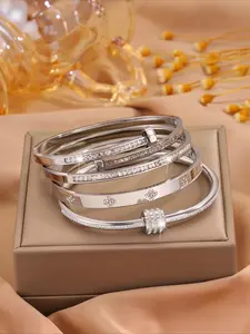 4-Piece Elegant Stainless Steel Bangle Set, Lightweight and Simple Style, Perfect for Daily Commute, Ideal Gift for Girlfriend