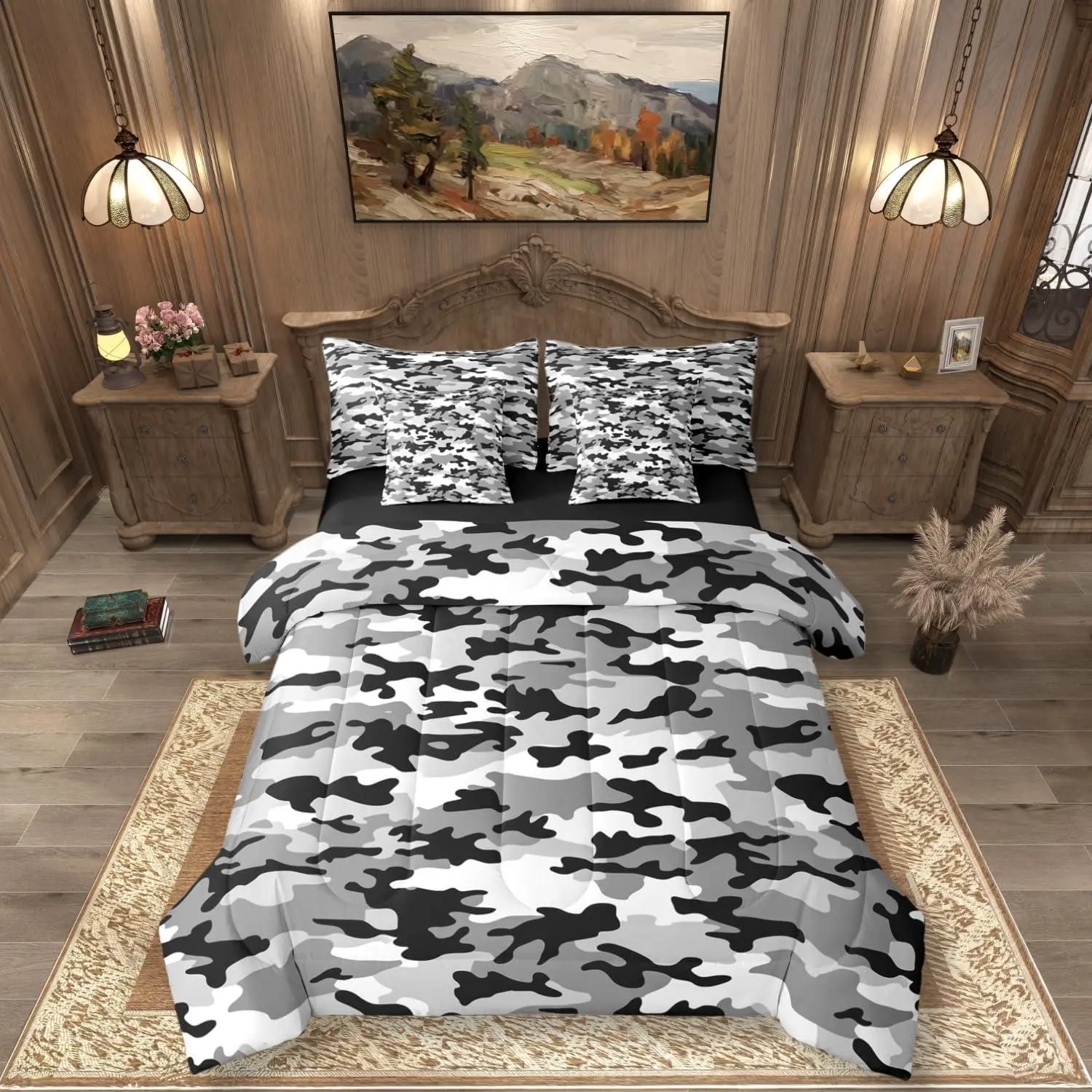Feelyou 7-Piece Grey Camouflage Army Printed Bedding Set - Ultra-Soft Durable Material Microfiber Comforter, Flat Sheet, Fitted Sheet, Bed Bag, Multi-Size Set for Girls, Christmas