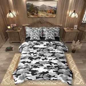 Feelyou 7-Piece Grey Camouflage Bedding Set - Ultra-Soft Army Theme Microfiber Luxe Comforter with Flat Sheet, Fitted Sheet, Bed Bag, Multi-Size Set for Kids