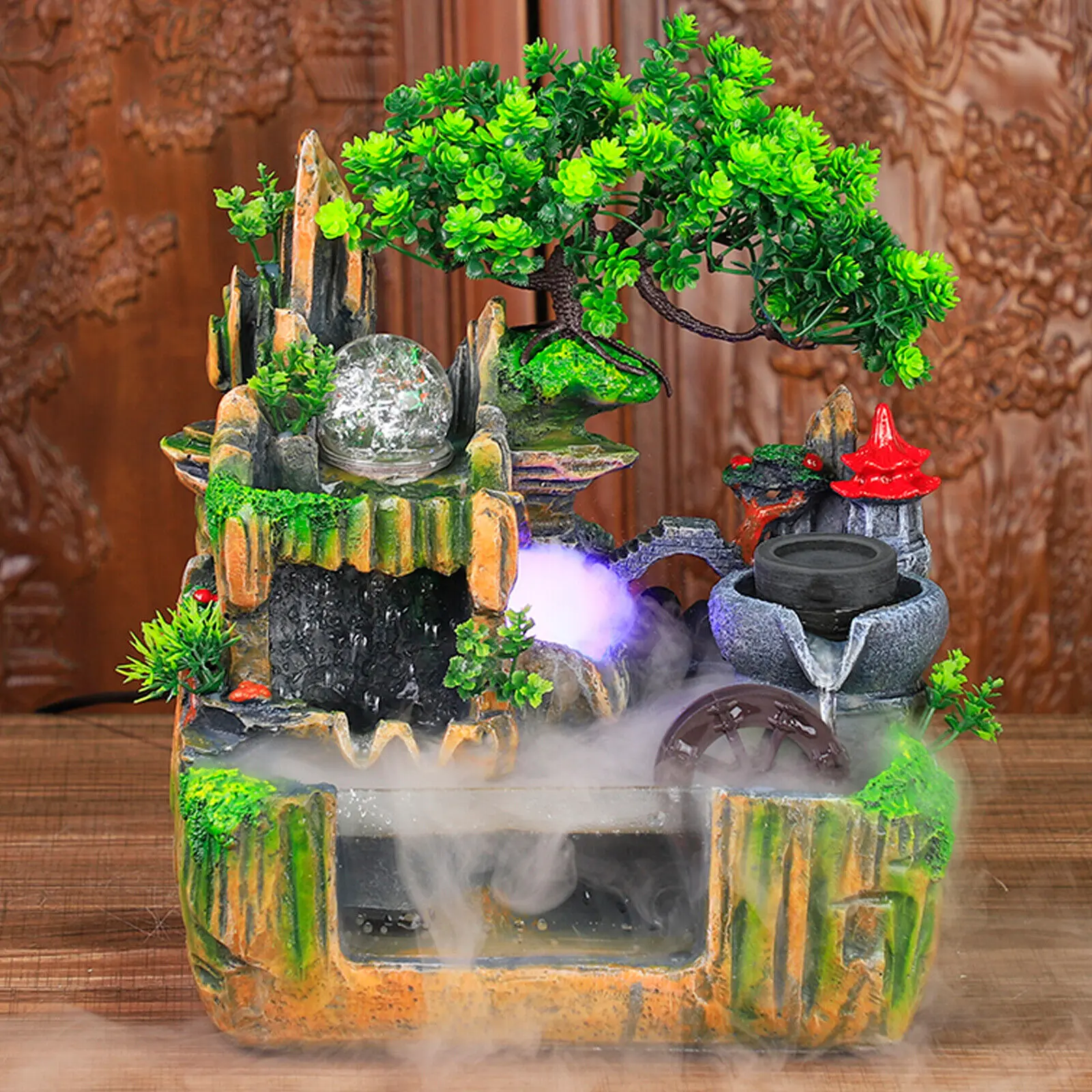 CNCEST Tabletop Fengshui LED Light Water Fountain - Resin Rockery Landscape Decorative Ornaments with Water Pump, Atomizer, Acrylic Mist Maker, Glass Accent, Success-Themed Home Decor for Living Room, Kitchen Desk