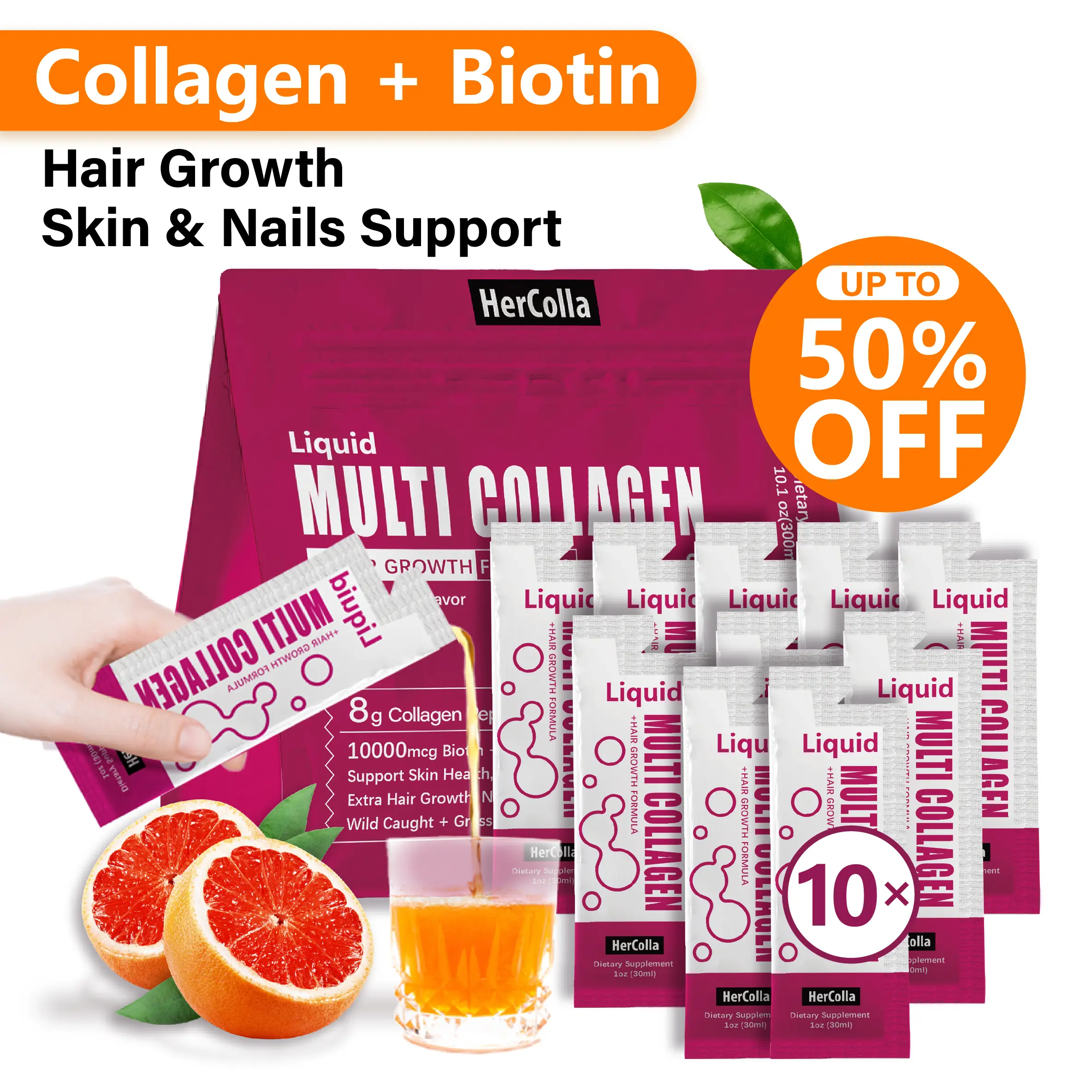 HerColla Multi Collagen Glow Shot Liquid Collagen Supplement Blood Orange Flavor, 10000mcg Biotin, Vitamin C & 8g Collagen Peptides (Type I-IV)