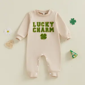 Infant Baby Irish Romper Fashionable Letters Shamrock Embroidery Crew Neck Long Sleeve Jumpsuit