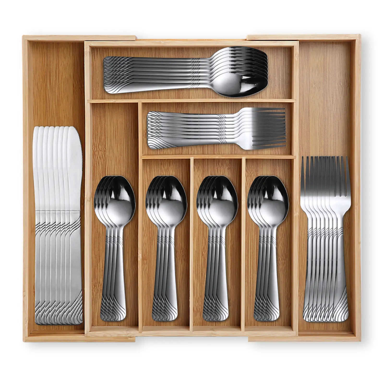 48PCS Silver Stainless Steel Flatware Set with Adjustable Bamboo Drawer Organizer - Expandable Cutlery Tray, Durable Fork & Spoon Dinnerware Storage Solution for Kitchen, Home