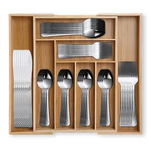 48PCS Stainless Steel Flatware Set with Adjustable Bamboo Drawer Organizer – Modern Durable Silverware & Expandable Cutlery Tray for Kitchen, Home, Restaurant, Wedding & Party Tableware Storage Solution