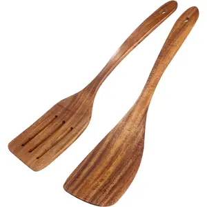 2 Pack Wooden Spatula, Acacia Wood Long Handle Flat Frying Turner, Handmade wooden spoons for cooking, Kitchen Utensil set, Non-Stick Cooking Spurtle Utensils for kitchen use