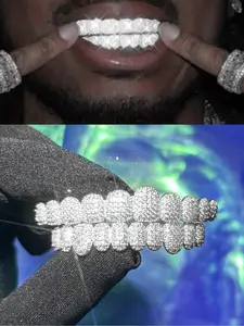 2pcs/set 18k Plated Cubic Zircon Grillz, 10 Teeth Top Bottom Grills, Punk Tooth Braces, Cosplay Rapper Jewelry, All Seasons