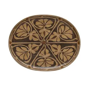 Oval Hand-Painted Stoneware Serving Platter, Decorative Patterned Kitchen Tableware Plate