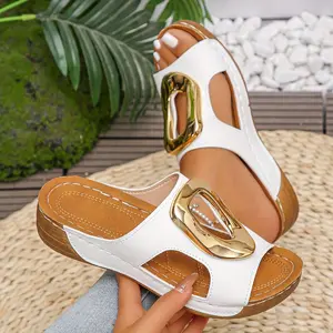 Women's Elegant Open-Toe Slip-On Solid Flat Platform Sandals, All-Season Casual Wear Footwear for Home and Office, Comfortable Outdoor Shoe