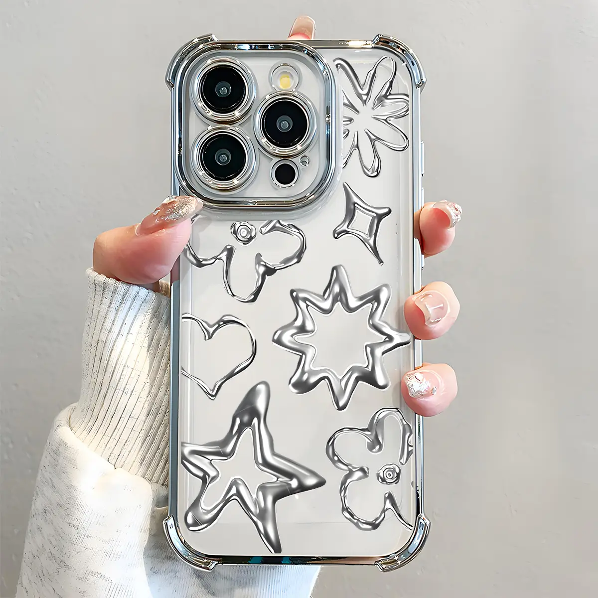 Women's Silver Pattern Soft TPU Slim Cover Phone Case - Electroplated, Airbag Shockproof, Durable Protector Casing for iPhone 11 12 13 14 15 16 17 18 Air Pro Max Plus Multi-Model Decorative Accessory
