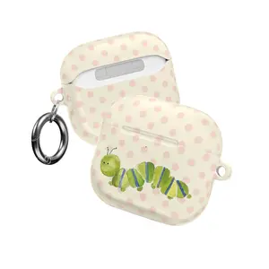 Cute Watercolor Caterpillar AirPods Case – Pink Polka Dot Aesthetic Cover with Keychain, Funny Green Insect Bug Kawaii Design, Pastel Cottagecore Accessory for Women Girls, Case for AirPods Pro/Pro 2, AirPods 1/2/3/4