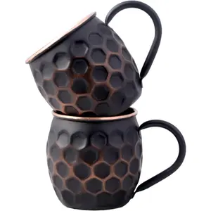 16 Oz Black Barrel Honeycomb Moscow Mule Mugs Pure Copper Cups Mug for Drinking Gifts for Him Her ON Anniversary Genuine Copper Mugs for Moscow Mules Real Solid Cup Mug Set of 2