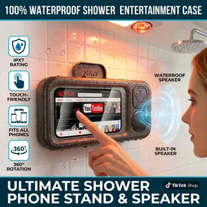 IPX7 Waterproof Shower Phone Holder with Built-in Bluetooth Speaker, 360° Rotatable Wall Mount Phone Stand with Touch Screen for Bathroom