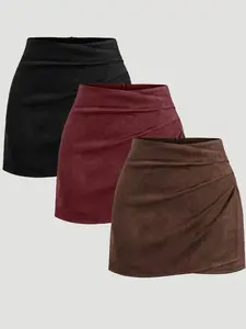 Women's Vintage Italian Melange Velvet Skirt Set, Fall Winter Fashion Casual Fit A-Line Short Dress, 3-Pack Elegant Party Wear