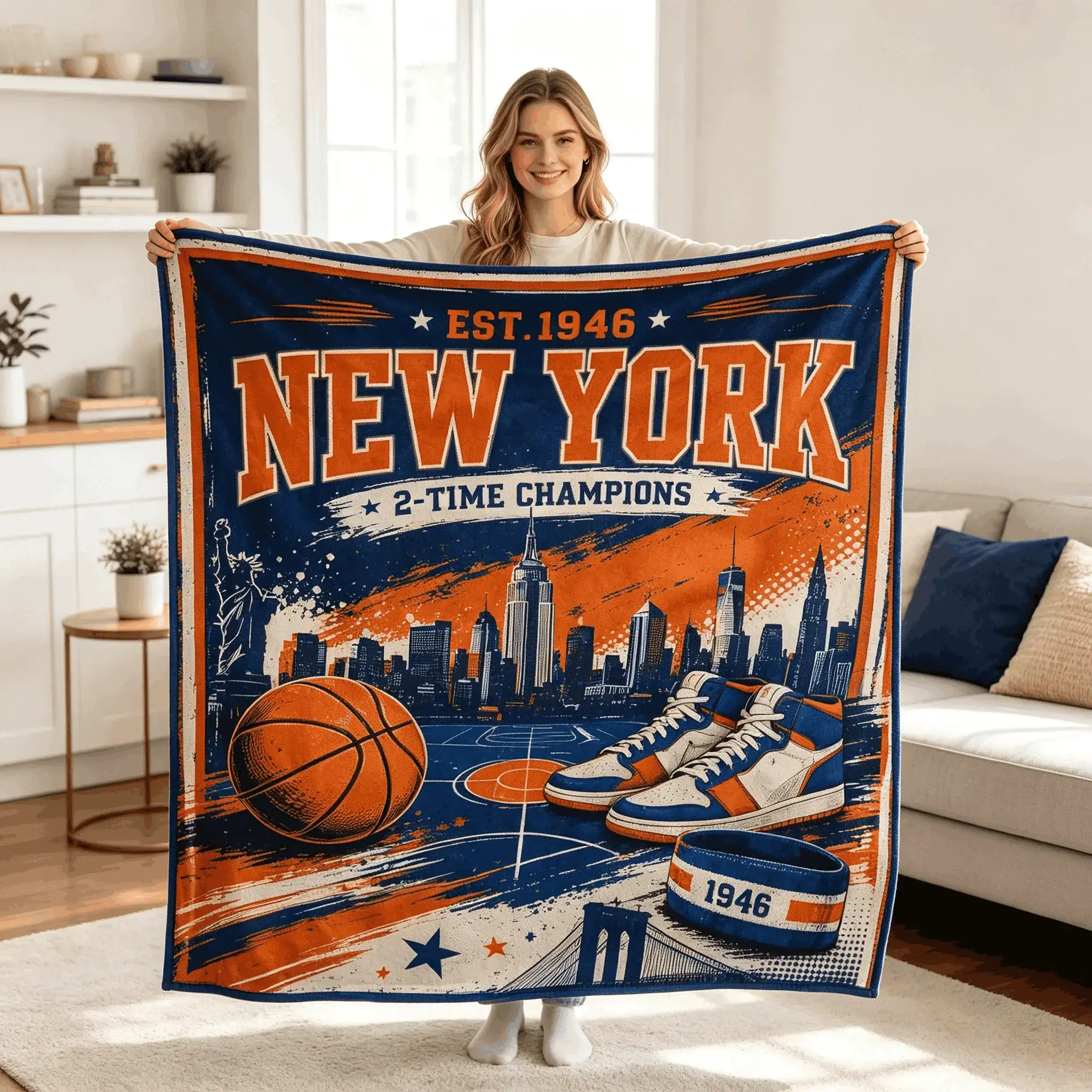New York EST 1946 Basketball City Skyline Blanket, Retro Orange Blue Flannel Throw for Sports Room Decor, Soft Fleece Bed Blanket for Man Cave Sofa, Game Night Lounge and Birthday Gift for Basketball Fans, All Season Cozy Accent
