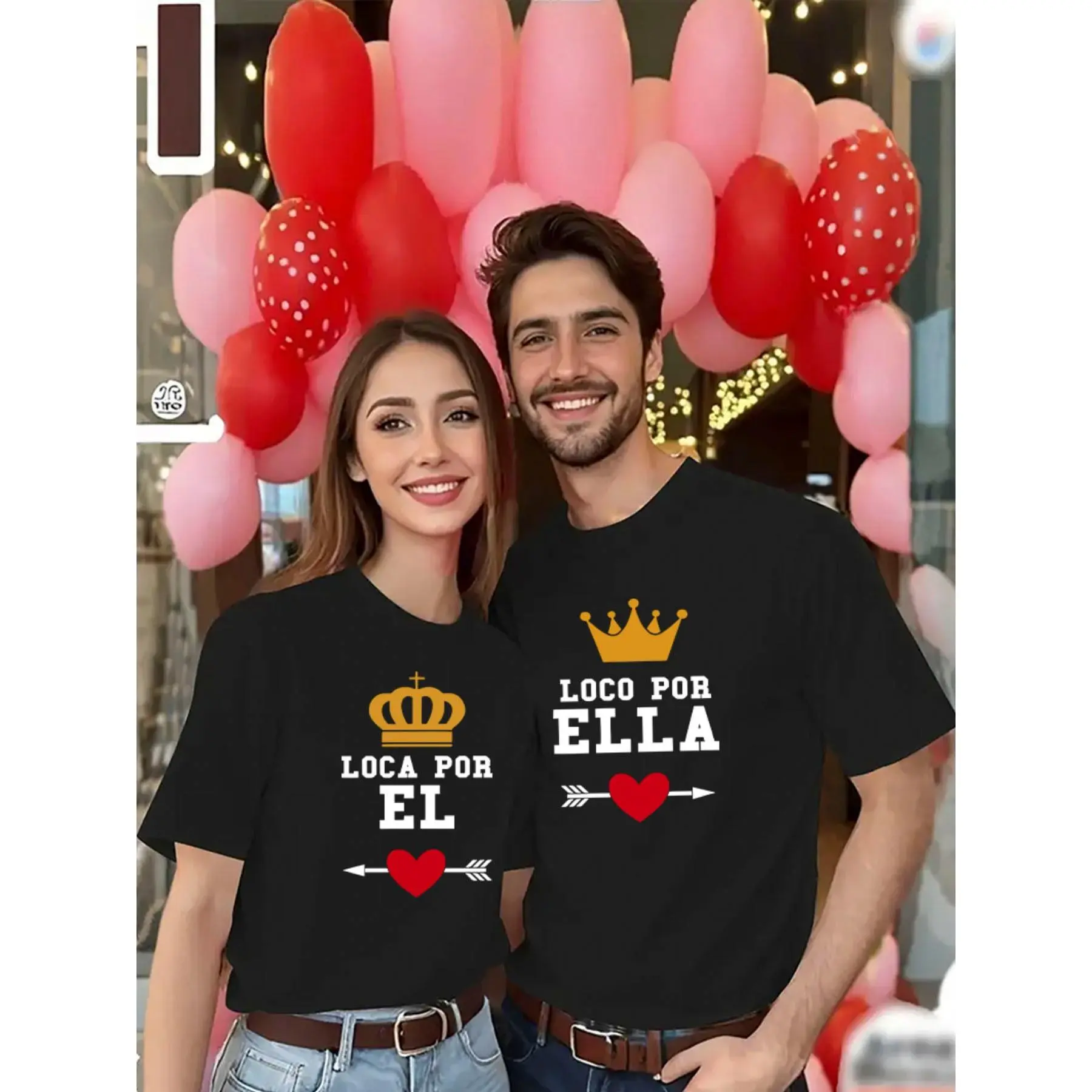 Couples Matching T-Shirts with 'Loca Por El' & 'Loco Por Ella' Graphic, Chic Solid Short Sleeve Crewneck Tops for Anniversaries