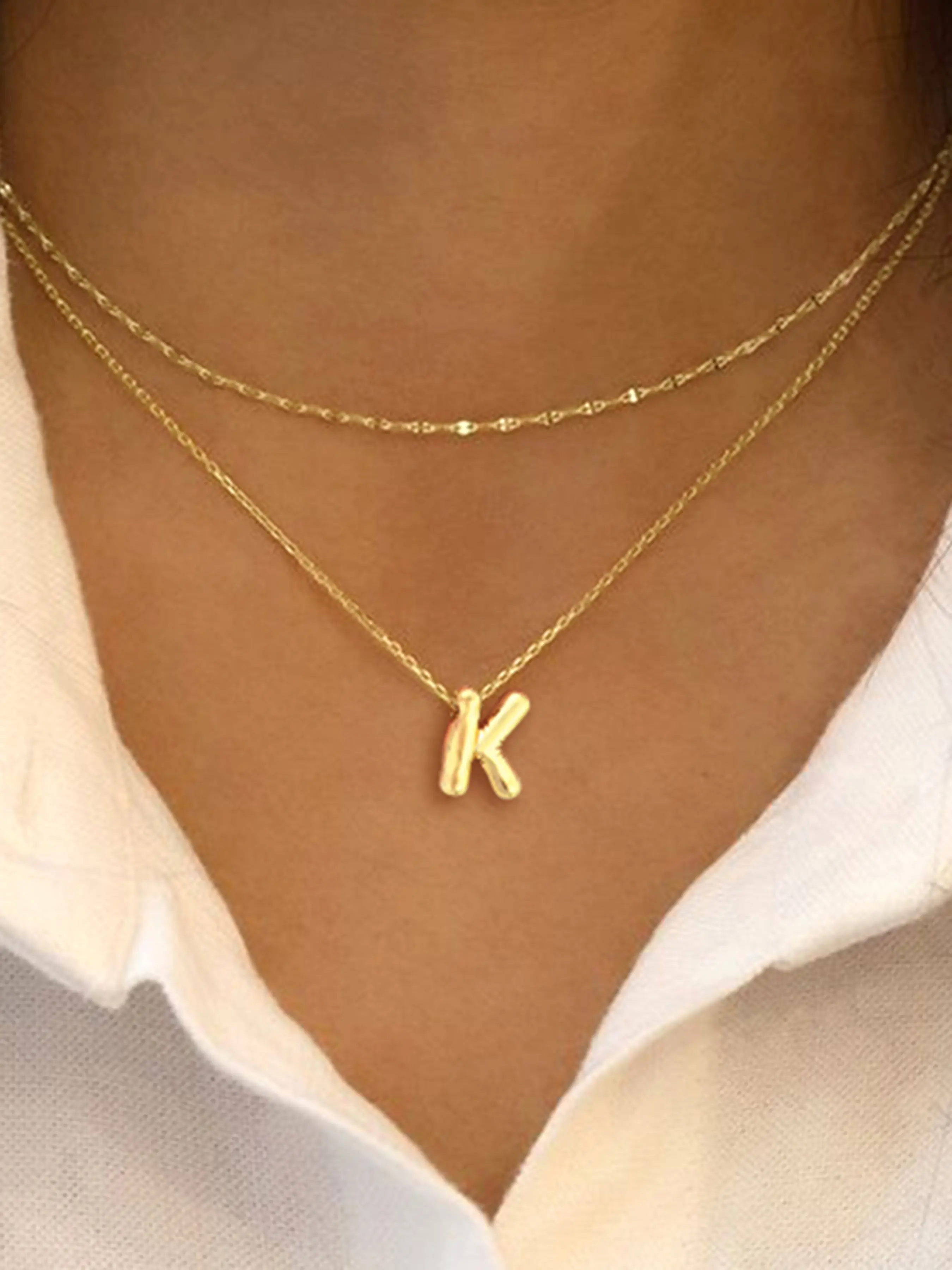 Women's Bubble Letter Pendant Necklace Set, Initial Letter Necklace, Lip Chain Necklaces, Layered Necklaces, Dainty Layering Jewelry, Elegant Stainless Steel Multi-Layer Chains, All Seasons Jewelry