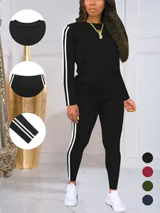 Women's Sports And Leisure Striped Edge Long-sleeved Pants Set Soft Knit Pajama Loungewear Pjs