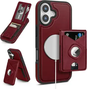 Compatible with MagSafe iPhone 17 Case Wallet with AirTag Holder,Men Women Magnetic Detachable 2 in 1 PU Leather RFID Blocking Credit Card Holder Flip Folio Cover Kickstand,Wine Red