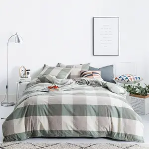 Green Checkered Duvet Cover   Washed Cotton Classic Plaid Duvet Cover 3 count Set 1 Rustic Beige Checked Duvet Cover with Zipper Ties 2 Pillowcases Farmhouse Soft Grid Bedding