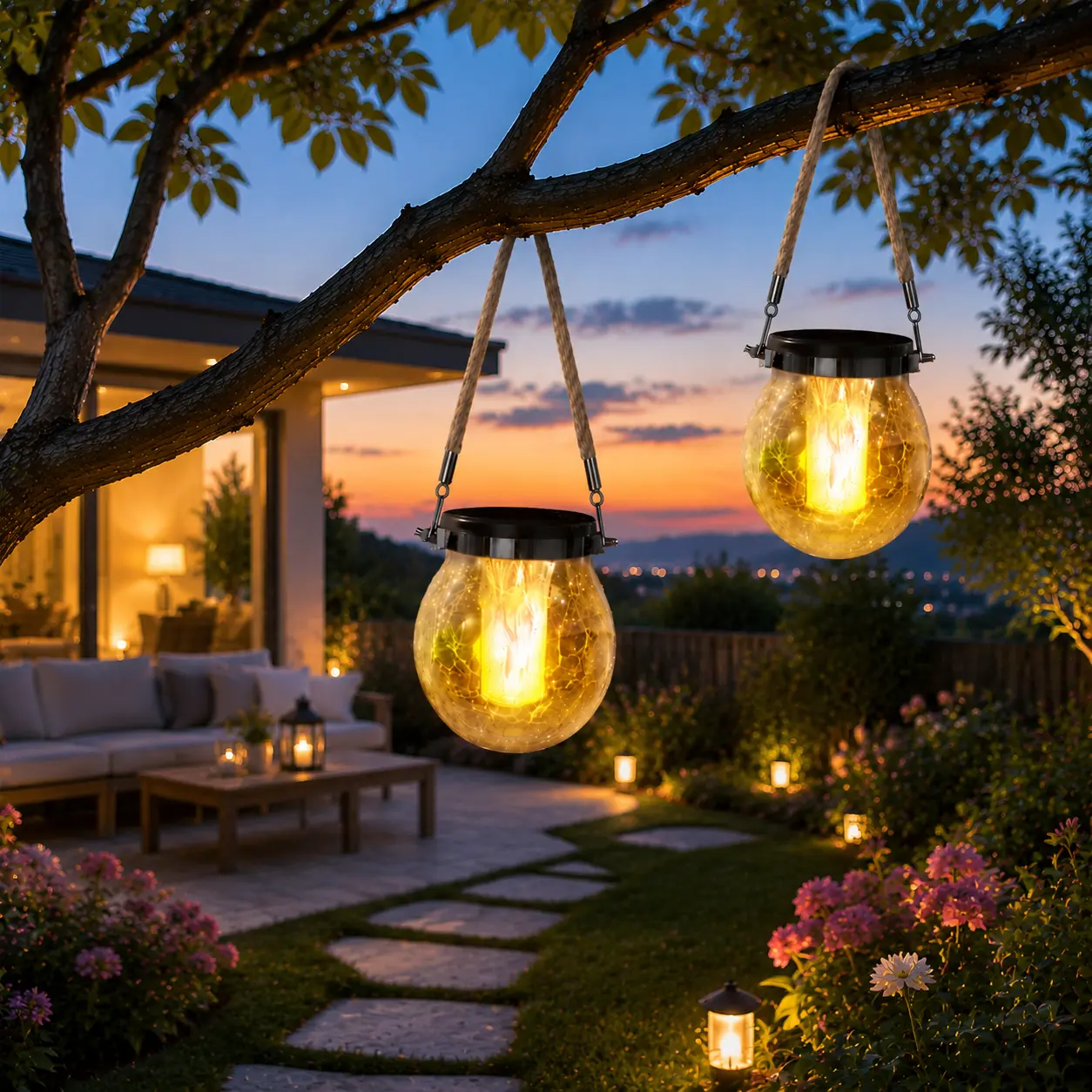 2 Pack Solar Decoration Lantern Hanging Outdoor Waterproof Flame Lanterns, Solar Garden Lights for Lawn Patio Yard Backyard Decorations Cracked Glass Ball Light SummerVibes