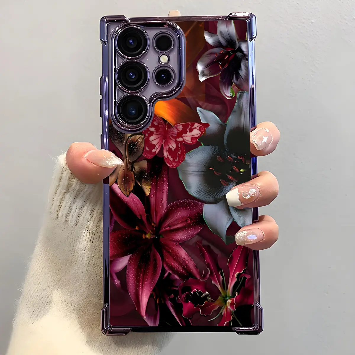 Dark Vintage Lilies Collage Phone Case, Electroplated Cover with Airbag Shockproof Slim Soft TPU Cover for Samsung S26 S25 S24 S23 S22 Ultra S25Edge S24FE Plus S25+ Floral