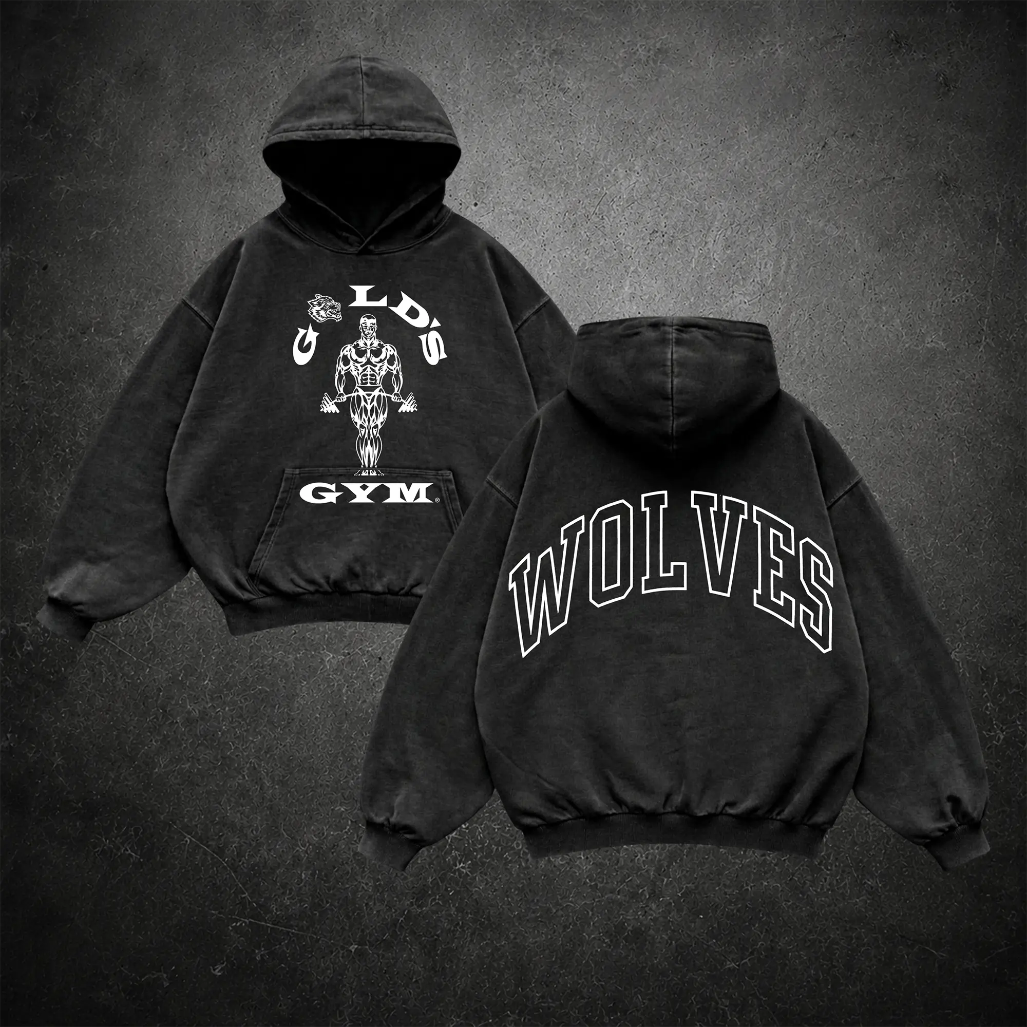 Wolves Gold's Gym Heritage  Washed Hoodie, Gym Apparel, Workout Wear, Training Men's Top, Gym Hoodie, Fitness Long Sleeves
