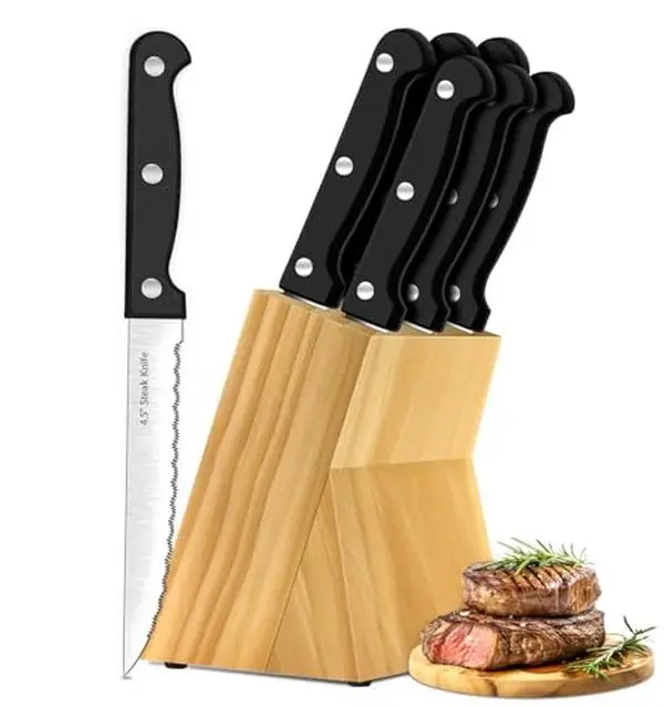 7 Pieces Steak Knife Set with Block, High Carbon Stainless Steel, Serrated Silverware Set, Black