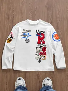 Men's T-Shirt, Spring Autumn Winter Thin Long Sleeve Top, American Print Graphic Fitted Slim Fit, Campus Streetwear, Trendy Must-Have